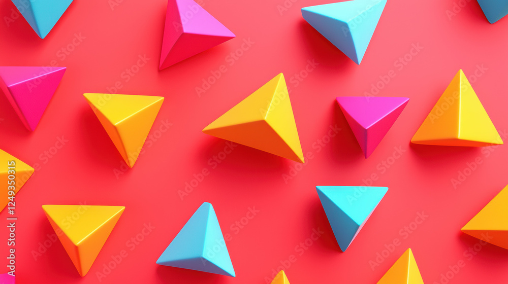 Colorful geometric shapes create vibrant pattern on red background, evoking playful and energetic atmosphere Colorful geometric shapes create vibrant pattern on red background, evoking playful and energetic atmosphere