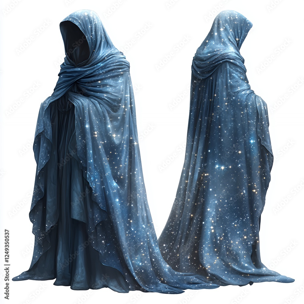 Mysterious Cloaked Figure Draped in a Starry Night Sky Pattern Standing in a Celestial Theme Mysterious Cloaked Figure Draped in a Starry Night Sky Pattern Standing in a Celestial Theme