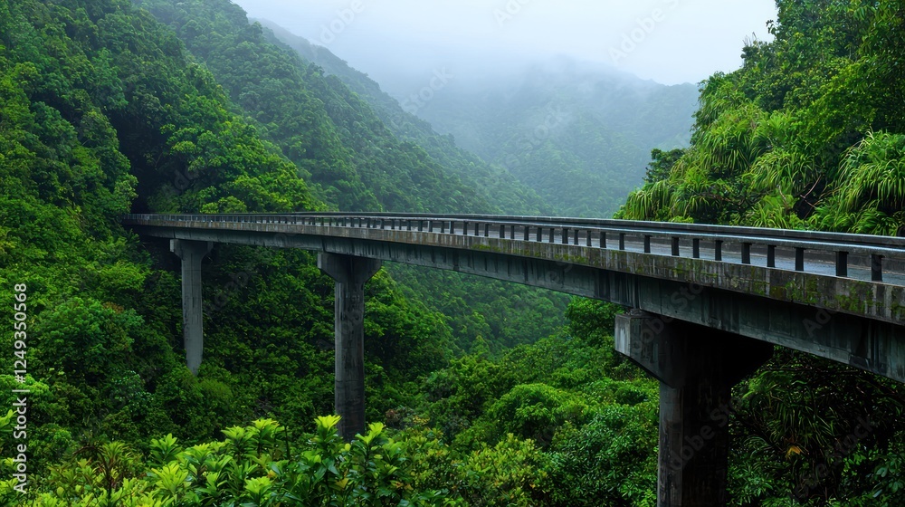 Scenic view of a bridge spanning lush green mountains under a misty sky, showcasing nature's beauty Scenic view of a bridge spanning lush green mountains under a misty sky, showcasing nature's beauty
