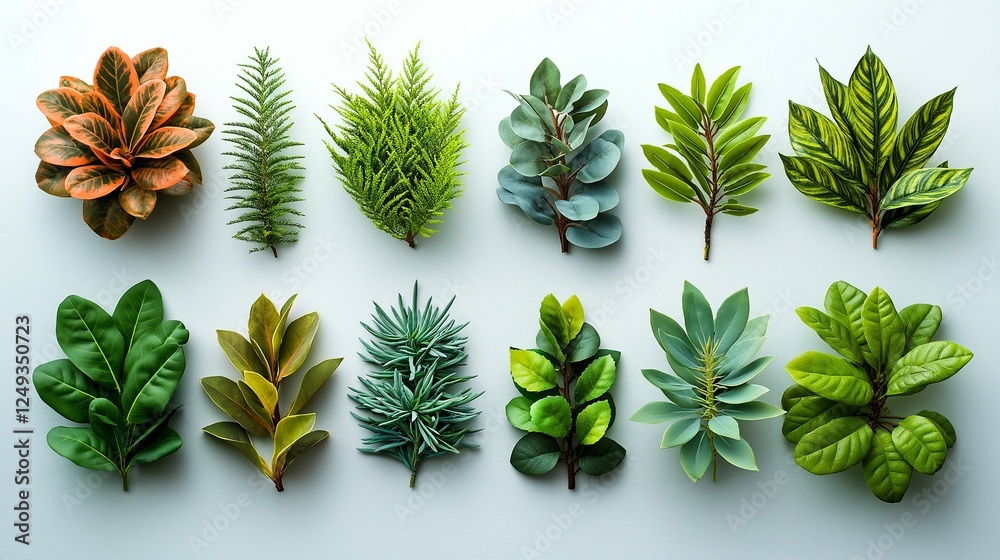 Flat lay of wildplants in a row on a white background. Botany, Spring concept.