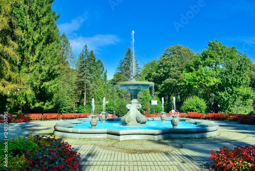 Fountain in the spa park of Rymanow Zdroj. Spa town in southern Poland , which charm guests with their beauty and still immaculately clean air.