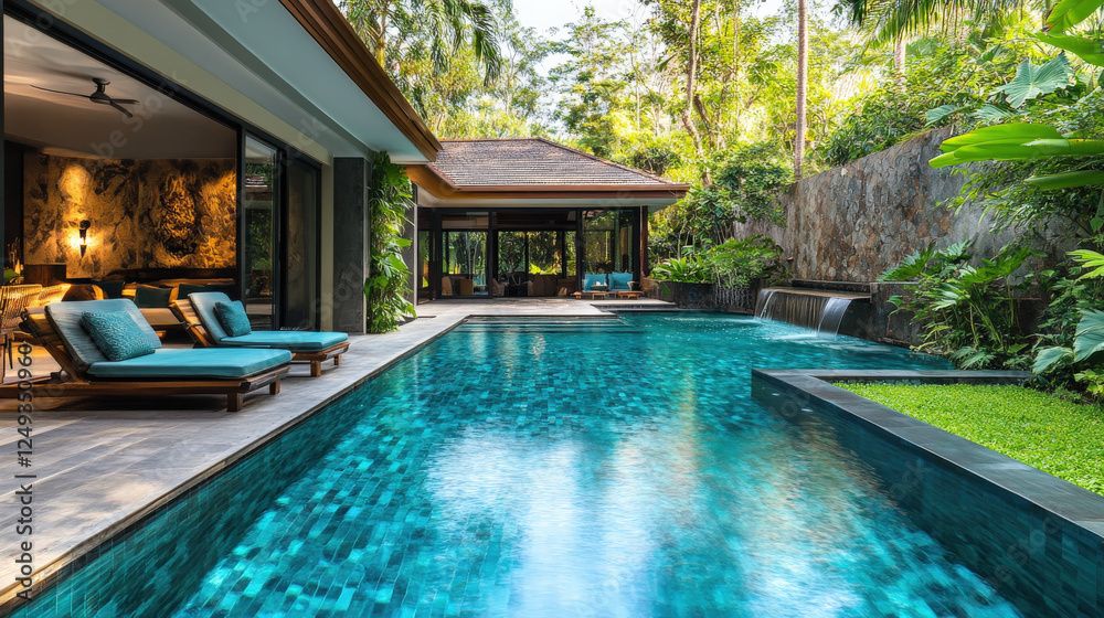 Fototapeta premium Serene poolside villa tranquil escape lush greenery inviting pool luxurious relaxation