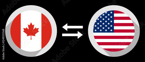 cad to usd exchange rate concept. round icons with canada and united states flags