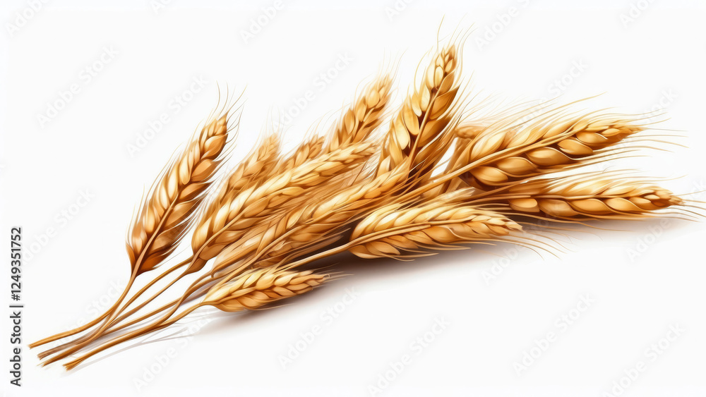 Bunch of ripe yellow golden dry wheat ears isolated on white background