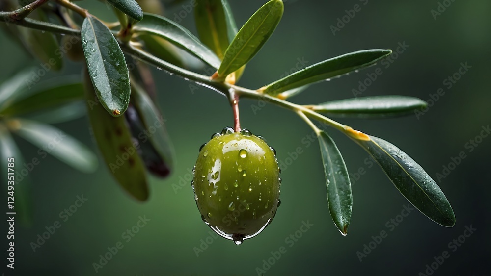 Branch of olive fruit and olives with drops of oil on blurred green background.