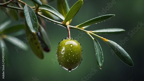 Obraz na płótnie Branch of olive fruit and olives with drops of oil on blurred green background. w salonie