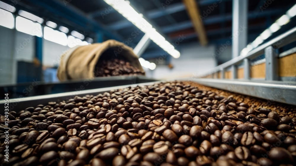 Arabica coffee beans promoted on an industrial conveyor