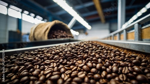 Obraz na płótnie Arabica coffee beans promoted on an industrial conveyor w salonie