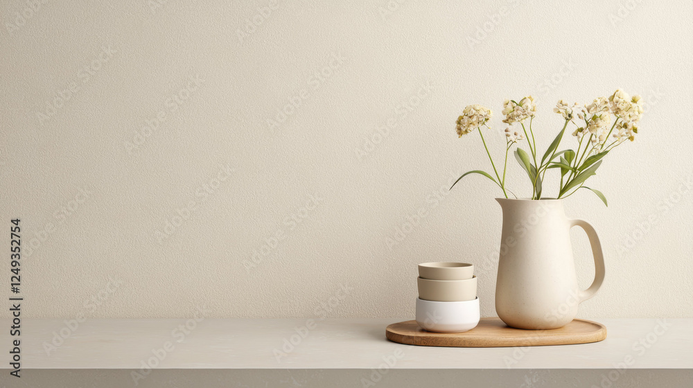 minimalist arrangement featuring vase with flowers, ceramic cups, and wooden tray on neutral background creates serene atmosphere minimalist arrangement featuring vase with flowers, ceramic cups, and wooden tray on neutral background creates serene atmosphere