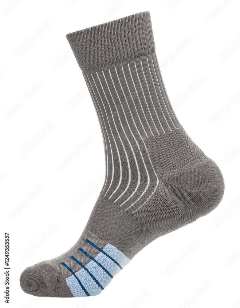 A single grey athletic sock designed for comfort and durability with reinforced heel and toe, featuring blue accent lines on the cushioned sole. The sock is on a mannequin foot A single grey athletic sock designed for comfort and durability with reinforced heel and toe, featuring blue accent lines on the cushioned sole. The sock is on a mannequin foot