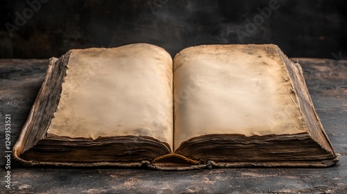 Aged book open on dark surface; antique, empty pages photo