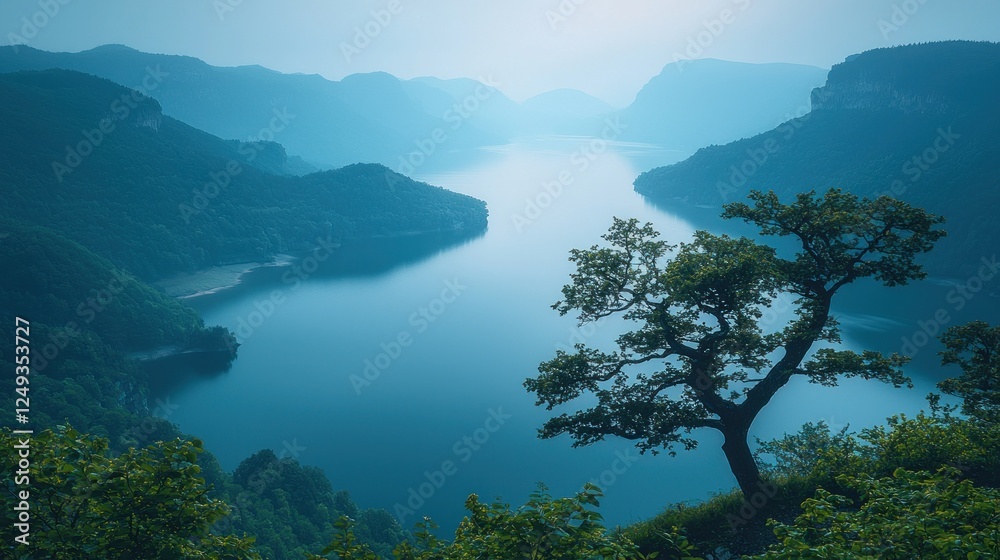 Misty mountain lake vista with lone tree Misty mountain lake vista with lone tree