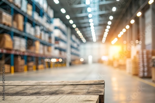 Blurry Interior of a Warehouse with Wooden Surface