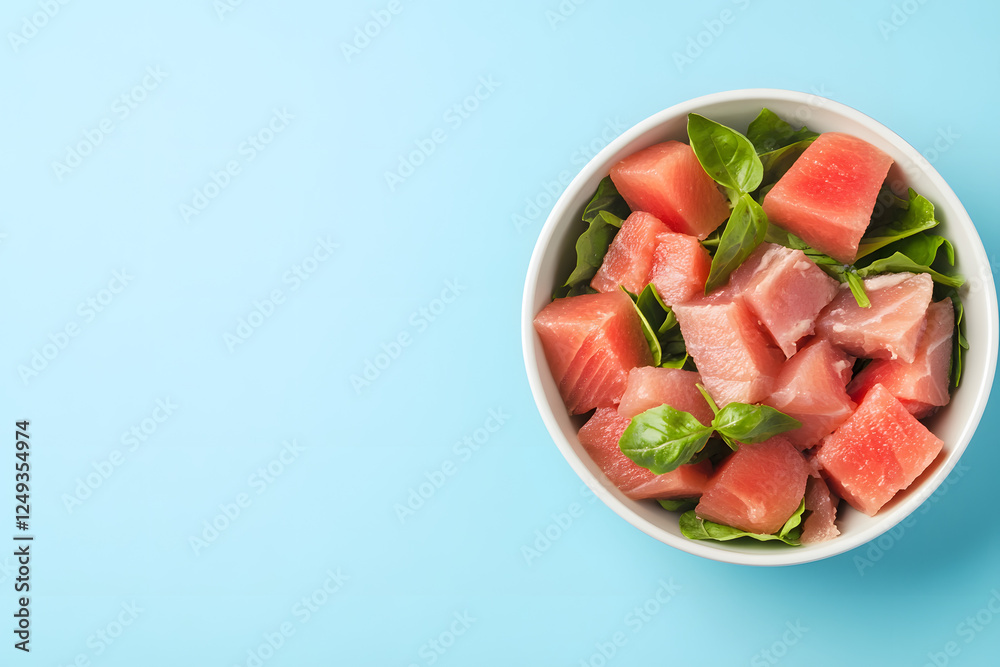a fresh watermelon and tuna salad on a blue background, top view with copy space for text a fresh watermelon and tuna salad on a blue background, top view with copy space for text