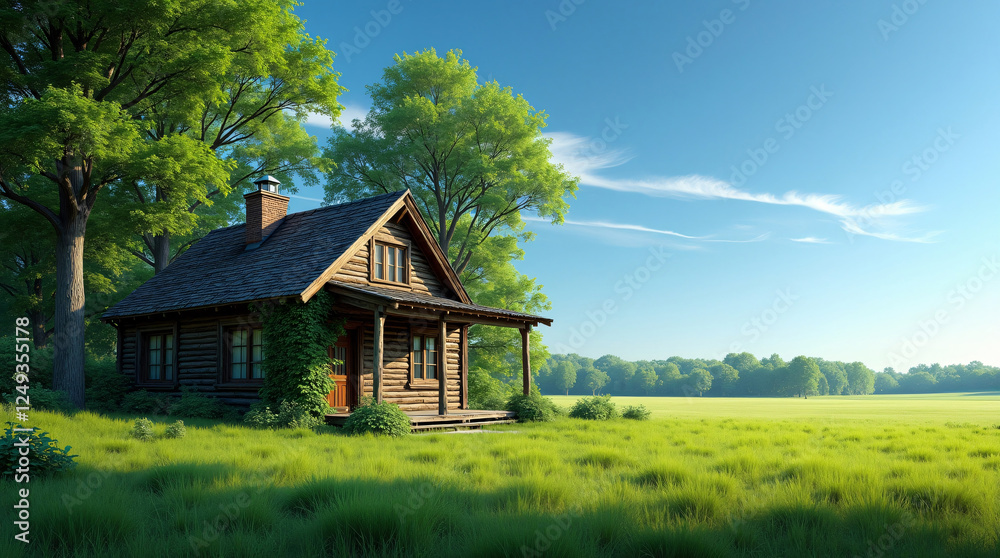 Small wooden cabin in a green field surrounded by trees under a clear blue sky Small wooden cabin in a green field surrounded by trees under a clear blue sky