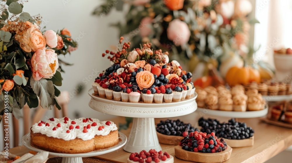 A table is covered with a variety of desserts, including cakes, cupcakes A table is covered with a variety of desserts, including cakes, cupcakes