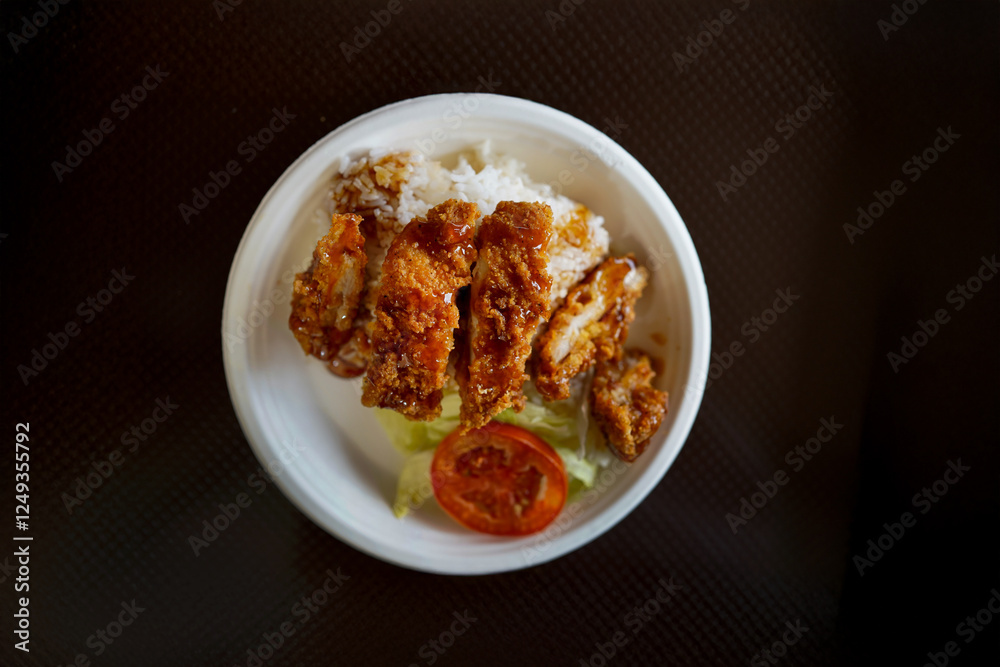 A plate of fried chicken with rice and a tomato on top. The plate is white and the food is brown A plate of fried chicken with rice and a tomato on top. The plate is white and the food is brown