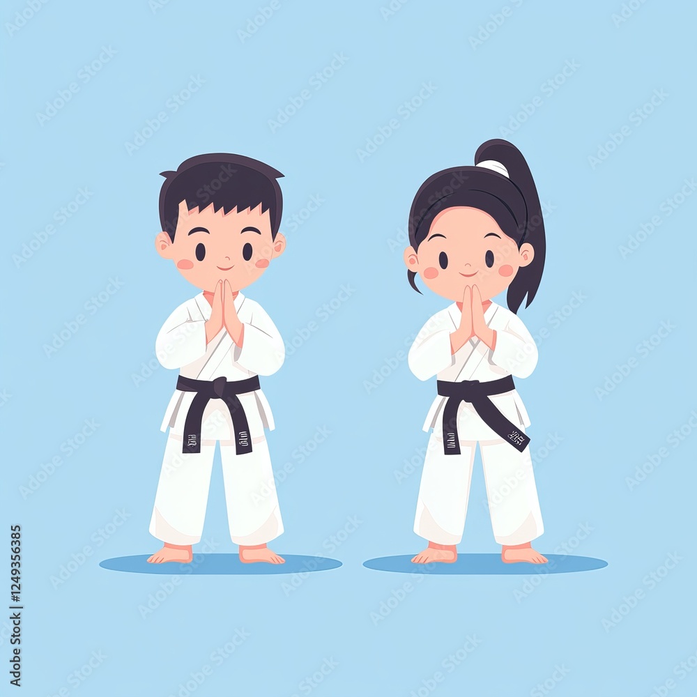 Sweet Kids in Karate Outfits, Posed Serene in Meditation Sweet Kids in Karate Outfits, Posed Serene in Meditation