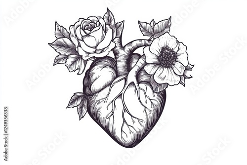 Anatomical heart with flowers, vector illustration line art, tattoo design, isolated on a white background