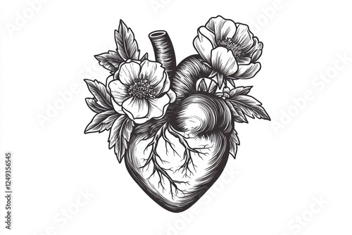 Anatomical heart with flowers, vector illustration line art, tattoo design, isolated on a white background