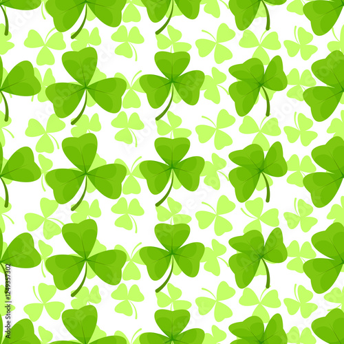 Seamless pattern of shamrocks of different sizes on white background for St. Patrick's Day