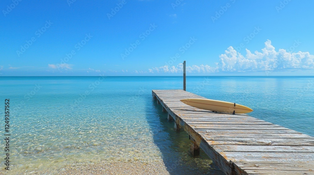 Fototapeta premium Surfboard Leaning Against Wooden Pier