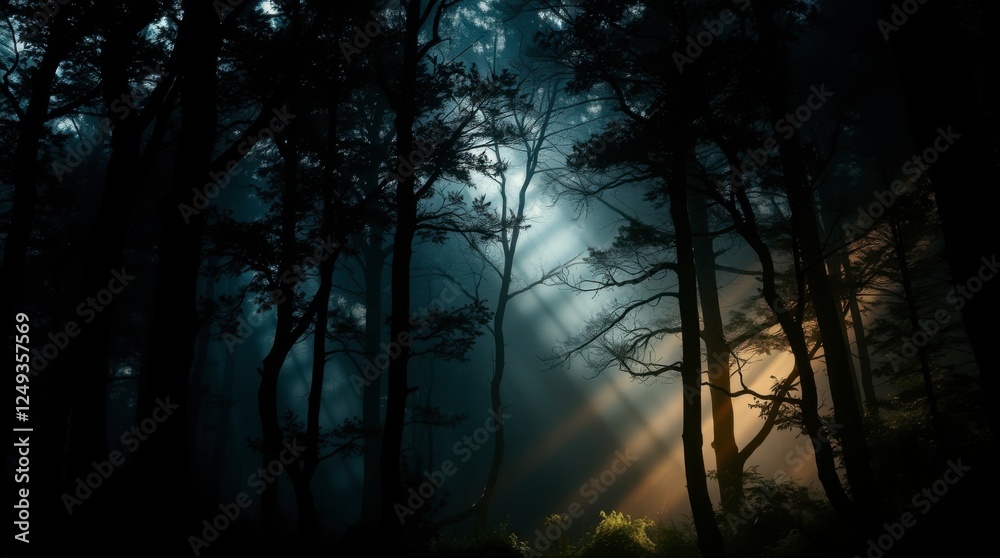 Fototapeta premium Sunlight Streaming Through Dense Woodland Forest with a Mystical Atmosphere