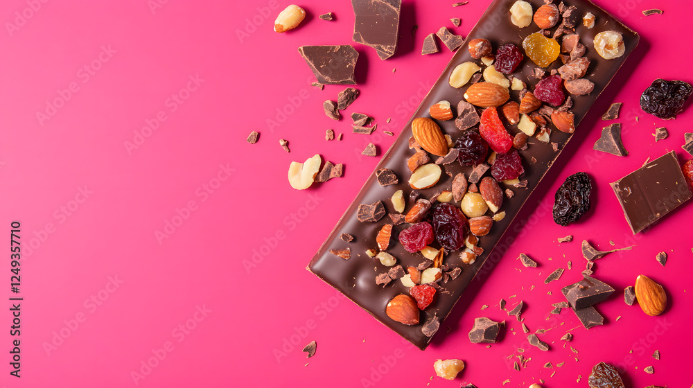 Chocolate with nuts and dried fruits on a pink background, a flat lay top view with copy space for a text banner design