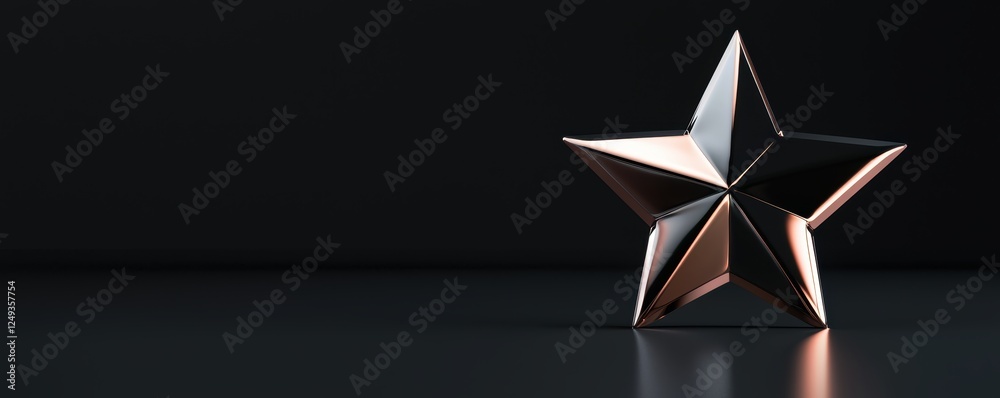 Floating metallic star with a polished mirror finish, emitting a soft ambient glow along its edges in a dark environment Floating metallic star with a polished mirror finish, emitting a soft ambient glow along its edges in a dark environment