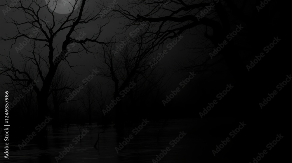 Eerie Moonlit Swamp with Bare Trees Silhouetted in the Dark Night Eerie Moonlit Swamp with Bare Trees Silhouetted in the Dark Night