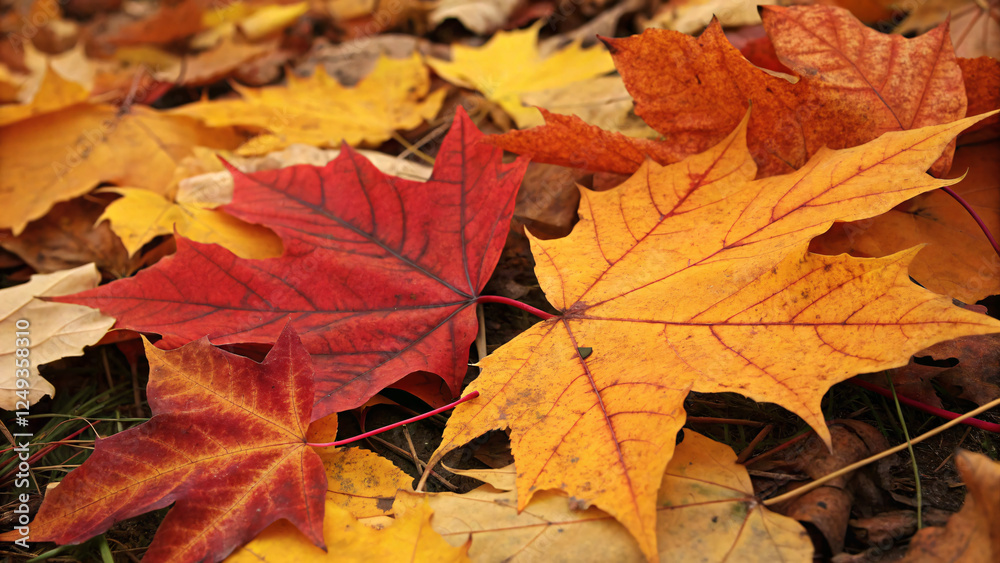 Autumn Maple Leaves in Vibrant Red and Yellow Tones on a Forest Floor Autumn Maple Leaves in Vibrant Red and Yellow Tones on a Forest Floor