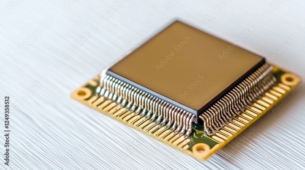 Macro view of a golden microchip with delicate electronic traces, symbolizing computing power and technological advancement