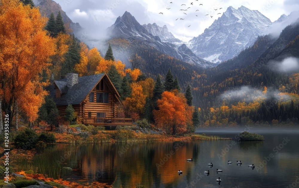 Fototapeta premium Autumn Cabin Lakeside Mountain Retreat