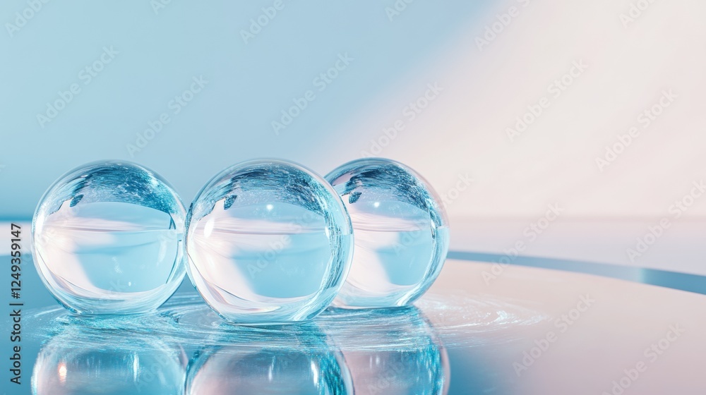Crystal clear spheres on a reflective surface Crystal clear spheres on a reflective surface
