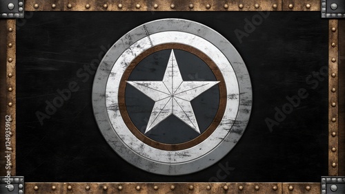 Weathered metal shield emblem with star on rustic background