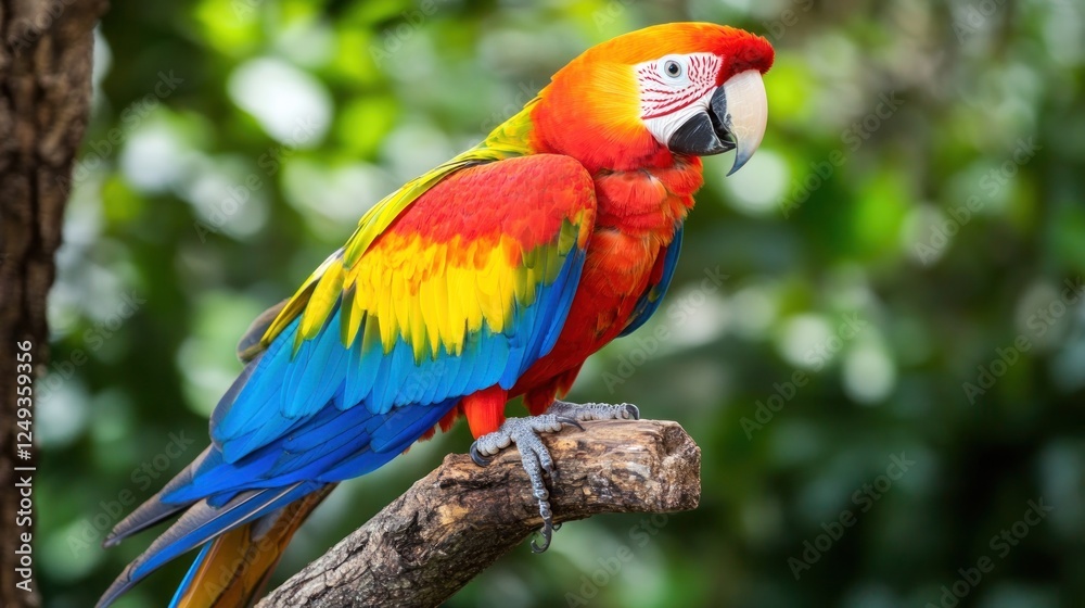 Vibrant macaw perched on a branch amidst lush greenery, showcasing its colorful plumage Vibrant macaw perched on a branch amidst lush greenery, showcasing its colorful plumage