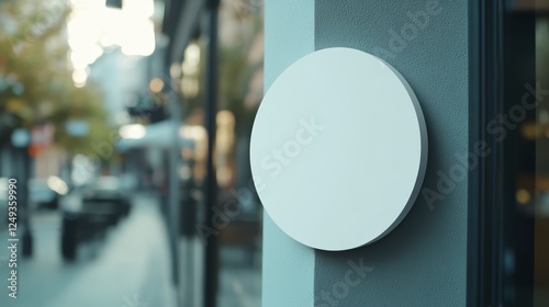 Close-up of a blank, white, circular wooden sign hanging on the wall, a mockup template for a cafe or restaurant in a city street