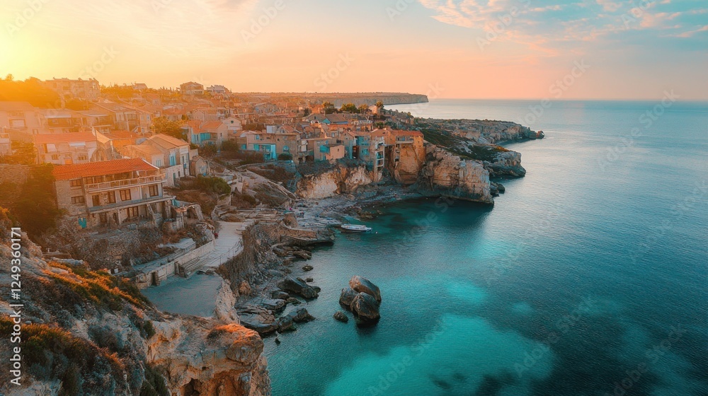Fototapeta premium Scenic coastal view at sunset with charming houses and tranquil waters.