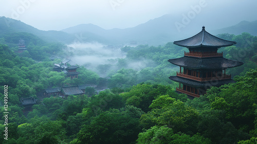 Serene misty mountain landscape with ancient pagodas peaceful tranquil