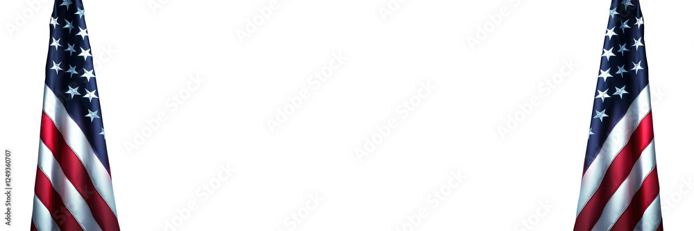 Two American flags on white or transparent panoramic background with copy space, US president and government, american national holiday, July 4, Veteran or memorial day web banner