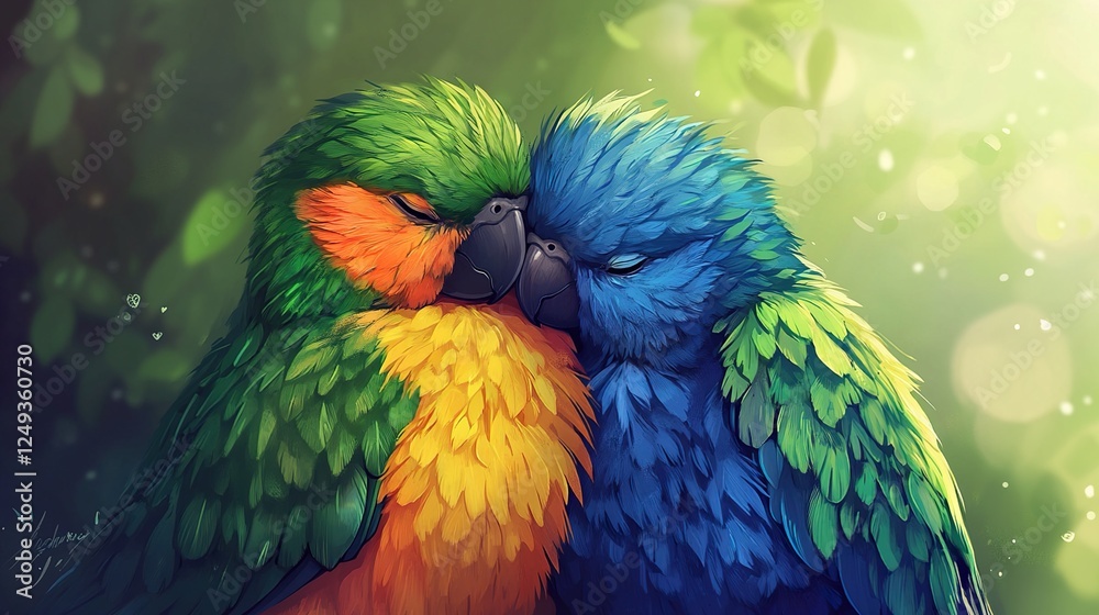 Obraz premium Affectionate Parrots in a Lush Green Environment