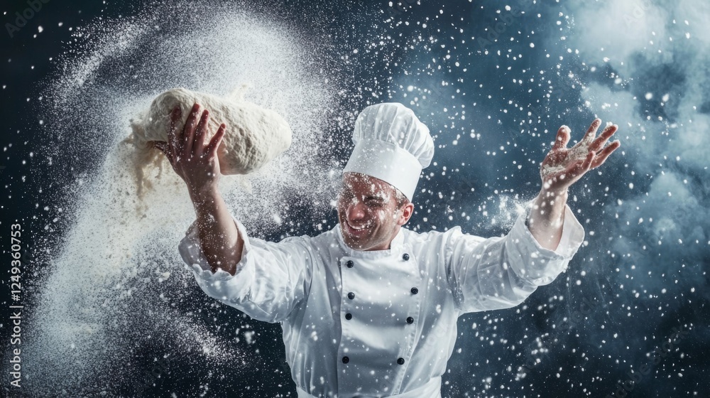 Fototapeta premium Baker tosses dough, flour explosion, dark background, food photography
