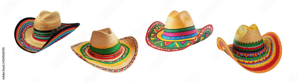 Collection set of four colorful mexican hats isolated on white or transparent background, party,Cinco de Mayo celebration party, png