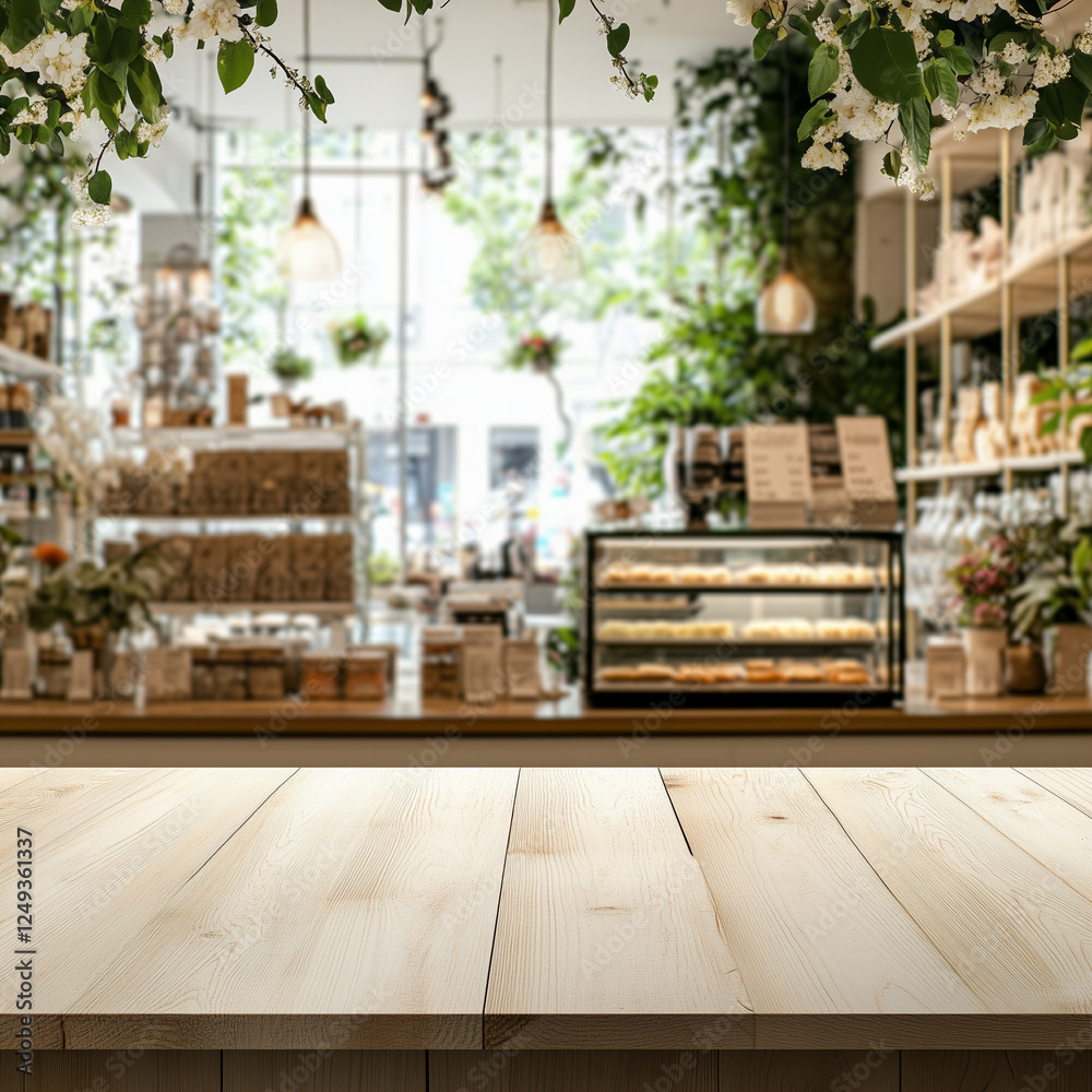 Cozy café interior with lush greenery and a warm wooden counter, inviting for a relaxed coffee break amidst a rustic and natural ambiance Cozy café interior with lush greenery and a warm wooden counter, inviting for a relaxed coffee break amidst a rustic and natural ambiance