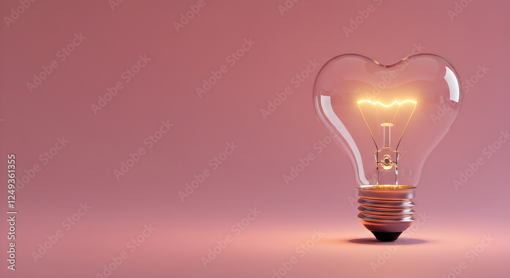 Glowing light bulb in shape of heart on pink background with copy space. Heart shaped light bulb illuminates. Concept of Valentine's Day, love, wedding, romance. Design for banner, invitation, card Glowing light bulb in shape of heart on pink background with copy space. Heart shaped light bulb illuminates. Concept of Valentine's Day, love, wedding, romance. Design for banner, invitation, card