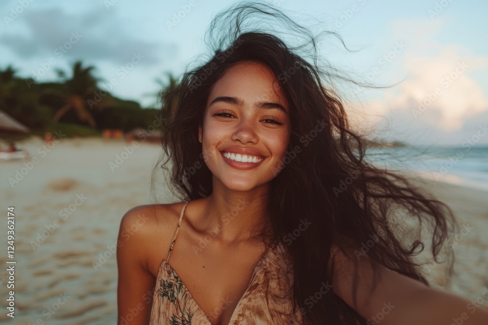 Smiling woman enjoying a tropical beach day Smiling woman enjoying a tropical beach day