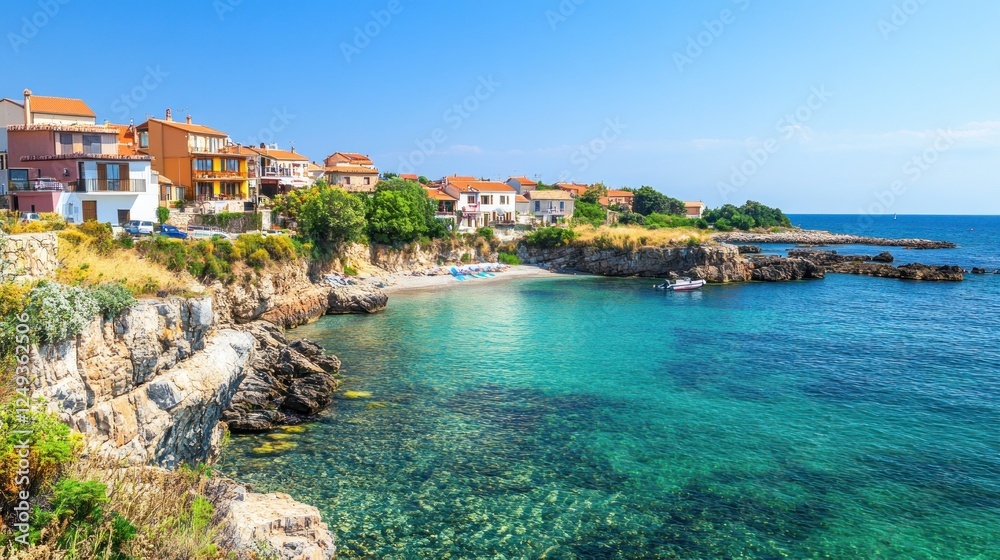 Fototapeta premium Scenic coastal view with clear water, rocky shore, and charming houses under a blue sky.