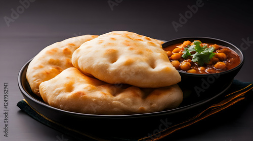 Delicious naan bread served with flavorful chickpea curry in a stylish black bowl. photo