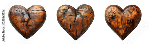 Three rustic wooden hearts, each with a unique texture and grain, are displayed against a clean, transparent background.
