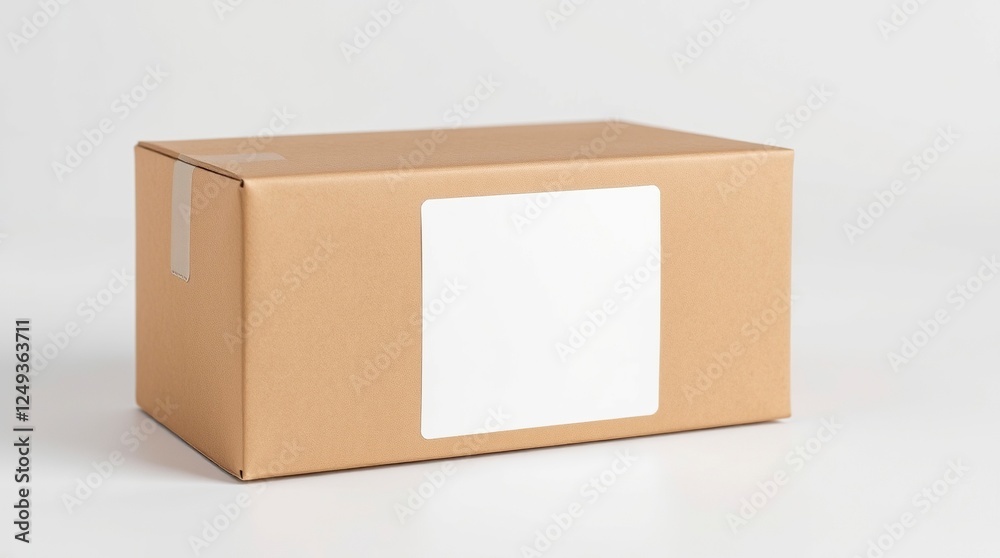 Brown Paper Package with Blank White Label on Wooden Surface Brown Paper Package with Blank White Label on Wooden Surface